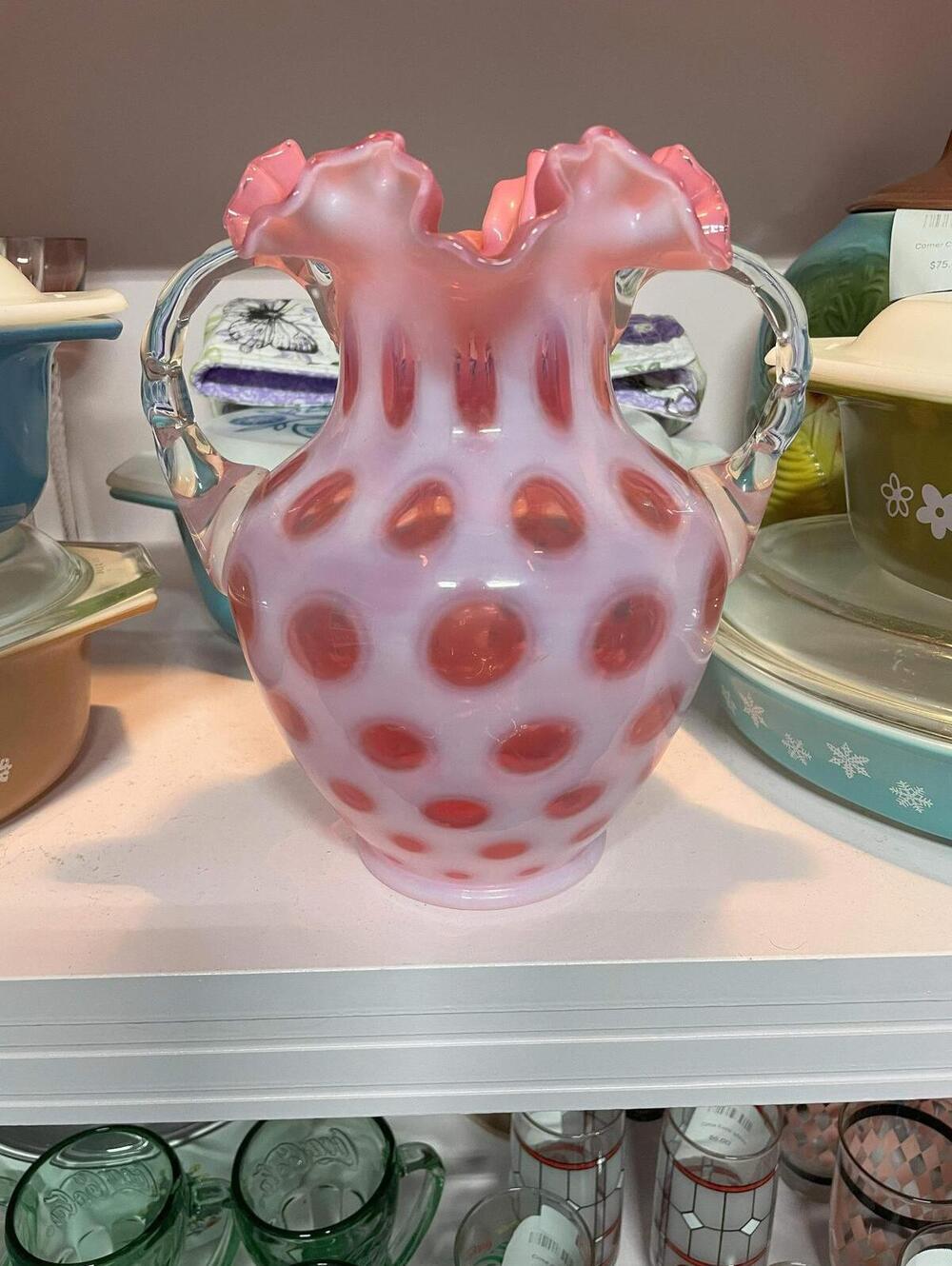 Fenton Vintage Cranberry Opalescent Coin Dot Double Handle Vase